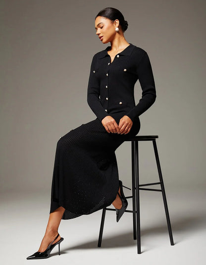 Elegant Buttons Black Knit Maxi Dress