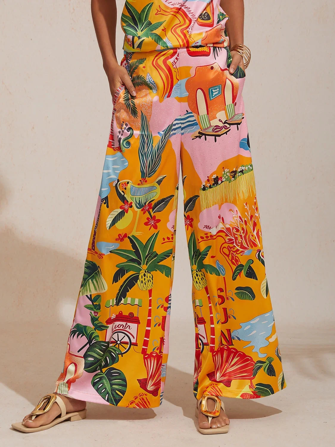 Summer Escape Silky Satin Floral Wide-Leg Pants