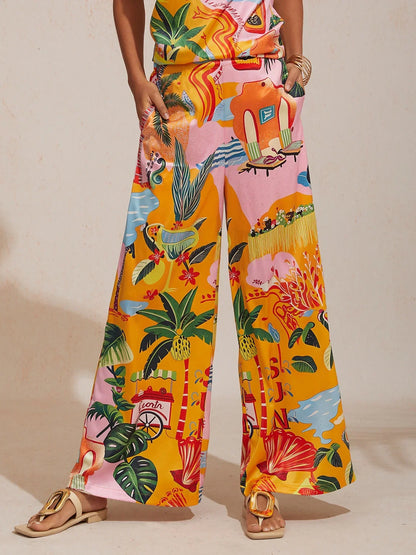Summer Escape Silky Satin Floral Wide-Leg Pants
