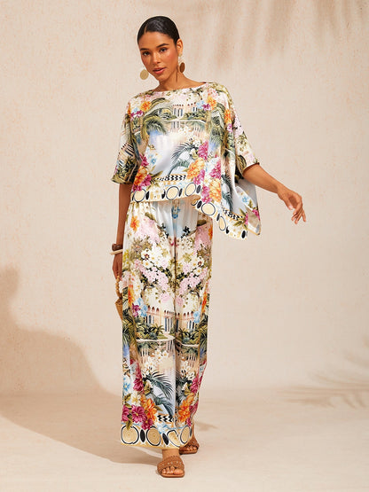 Pastel Floral Garden Silky Satin Dolman Batwing Top