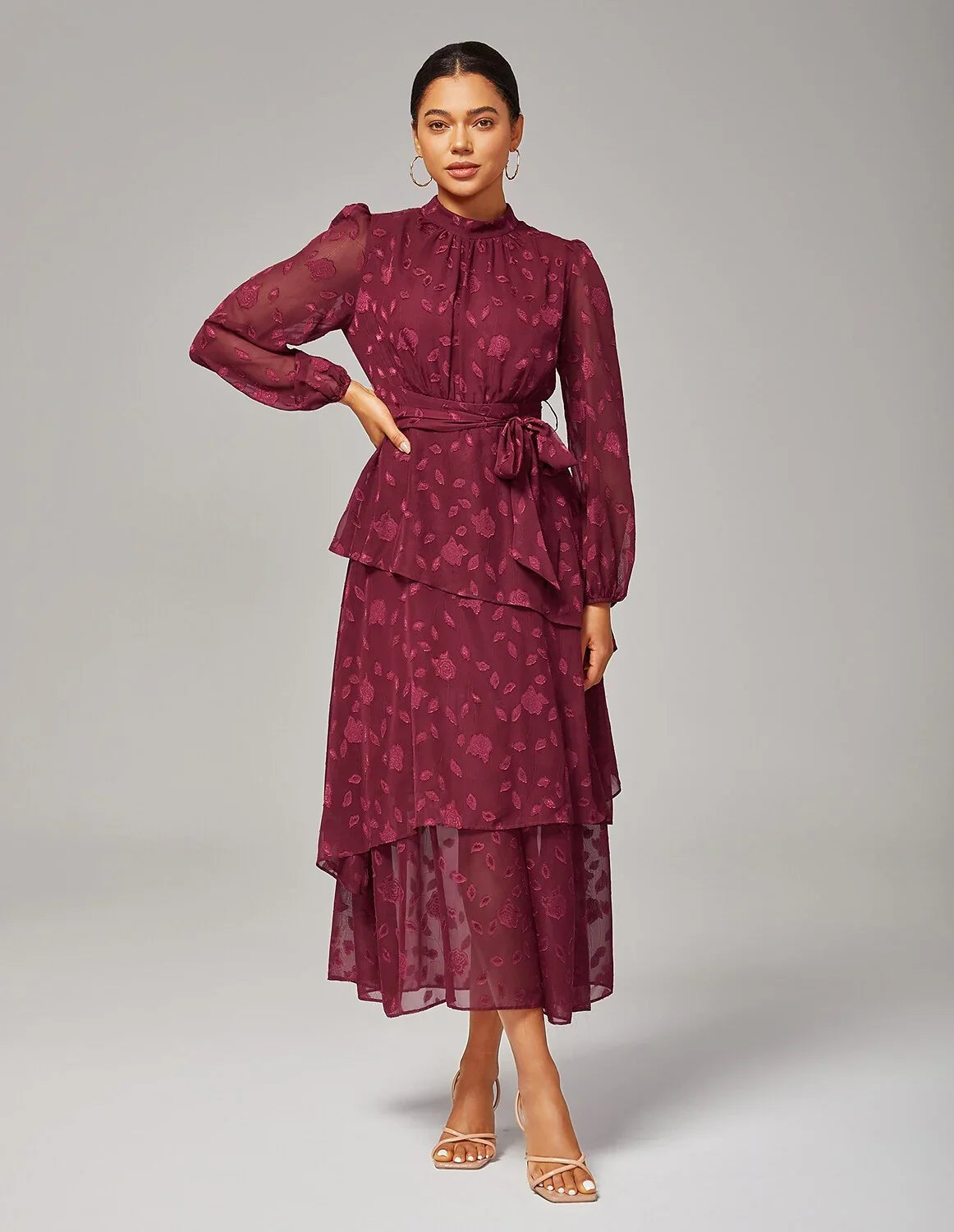 Elegant Floral Print High-Neck Maxi Chiffon Dress