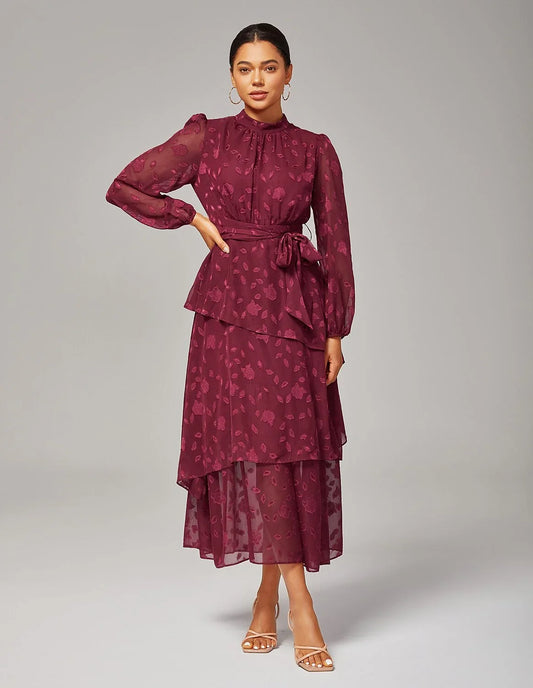 Elegant Floral Print High-Neck Maxi Chiffon Dress