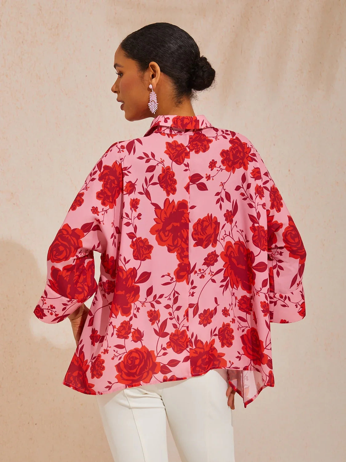 Spring Blooms Flowy Chiffon Asymmetrical Dolman Sleeve Blouse