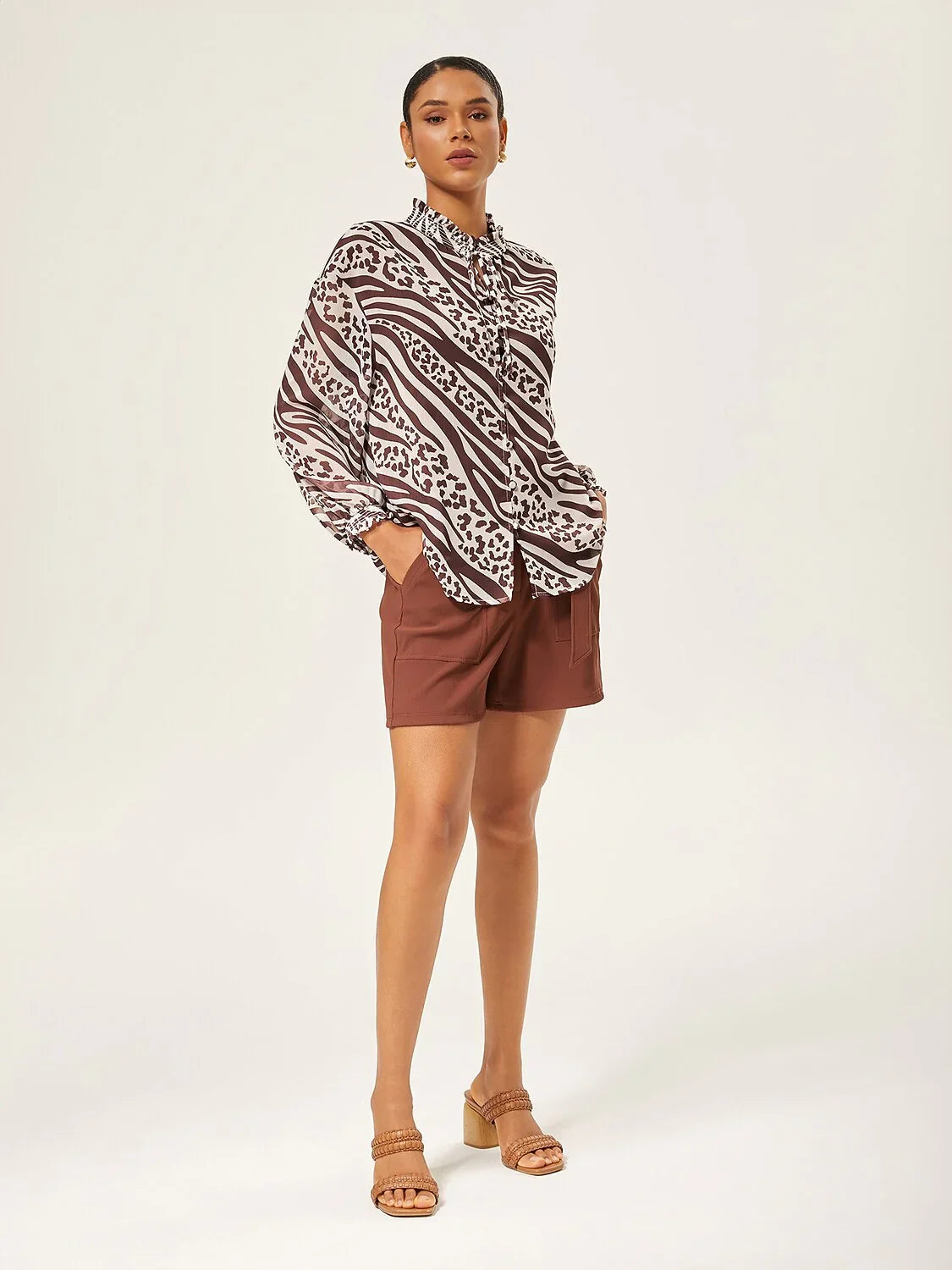 Animal Print Ruched Long Sleeve Pullover