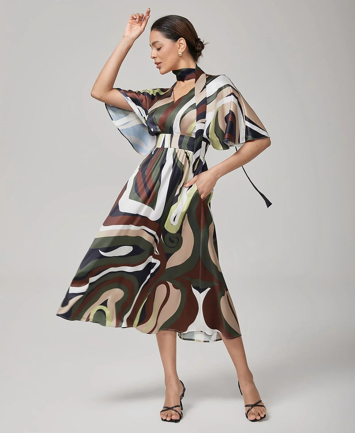 Camouflage Satin V-Neck Cinched Dress