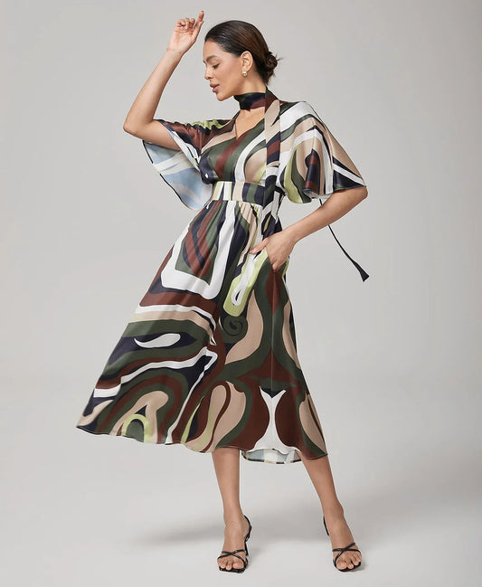 Camouflage Satin V-Neck Cinched Dress