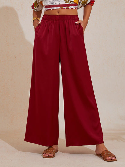 Silky Satin Red Elastic Waist Wide Leg Pants
