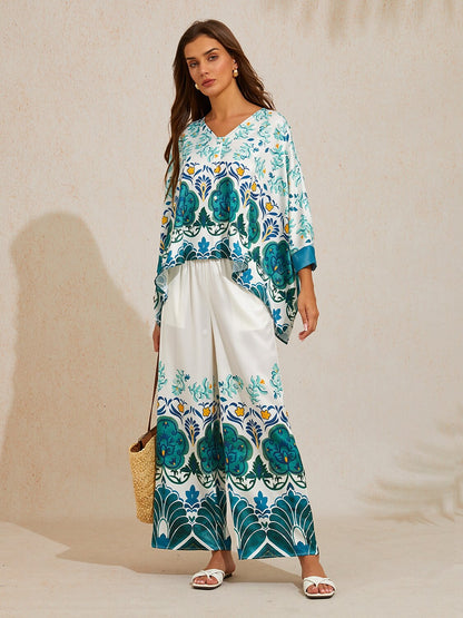 Jade Palace Garden Silky Satin Wide Leg Pants