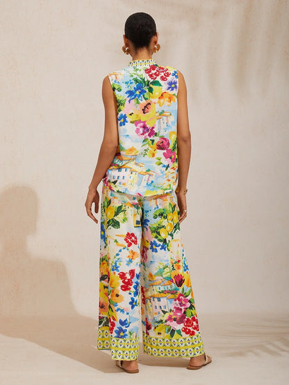 Holiday Citrus Garden Airy Linen Look Sleeveless Top