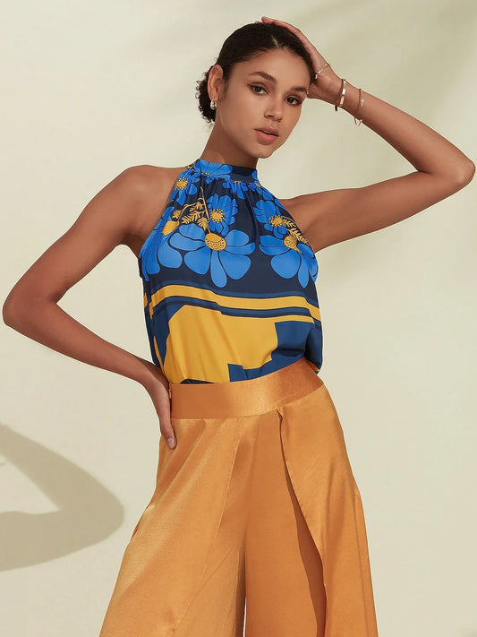 Geometic Flower Plants Ruched Tie Back Satin Blouse