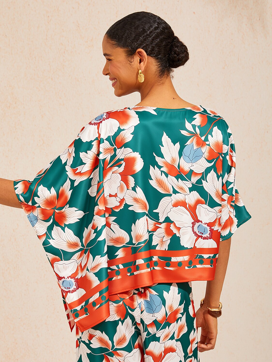 Deep Green Hibiscus Silky Satin batwing Top