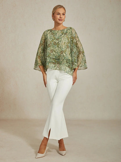 Chiffon Green Paisley Floral Loose Fit Round Boat Blouse