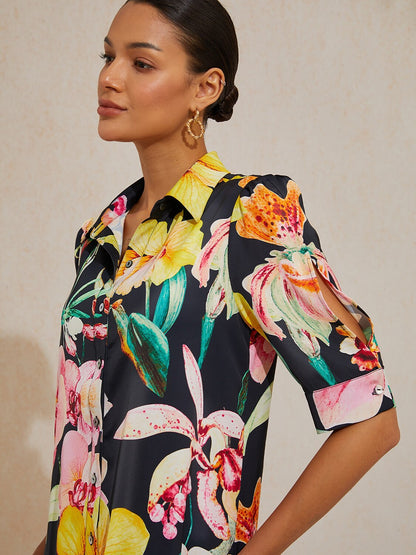 Midnight Floral Carnival Silky Satin Shirt Dress