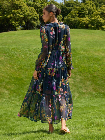 Midnight Jewel Bloom Flowy Chiffon Maxi Dress