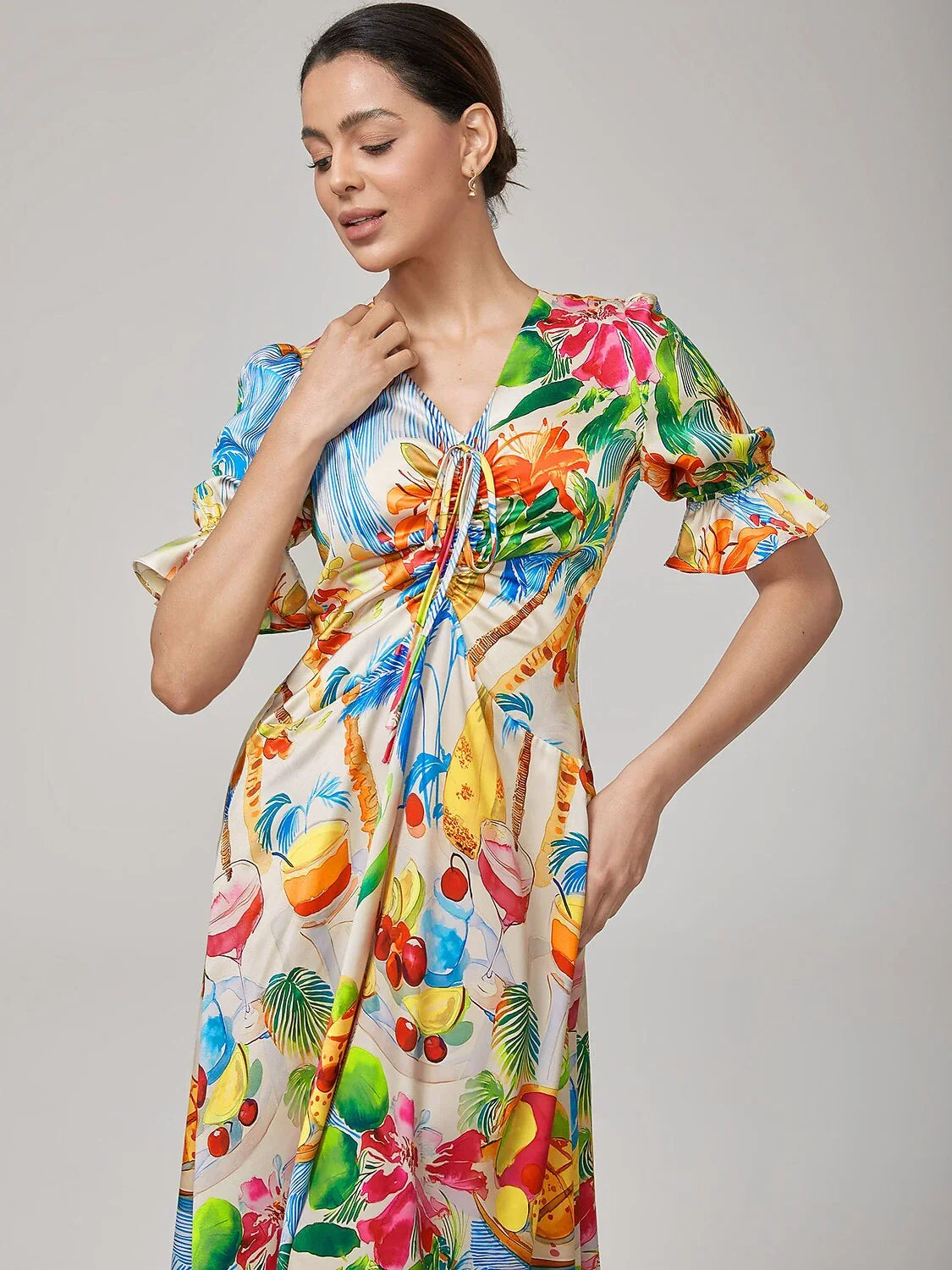 Fruit Floral Print Cinched Waist Dress