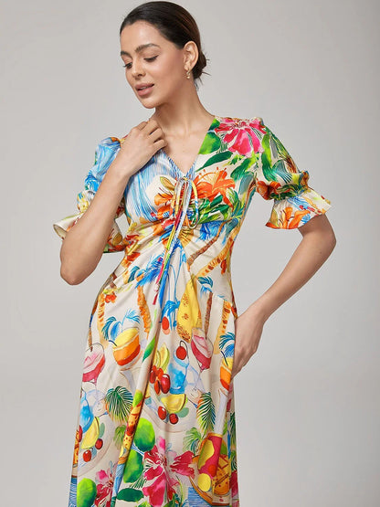 Fruit Floral Print Cinched Waist Dress