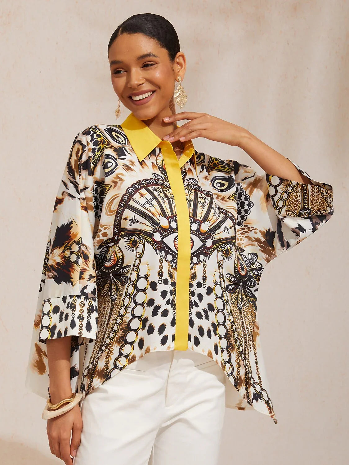 Vintage Leopard Jewelry Silky Satin Dolman Sleeve Button Down Shirt