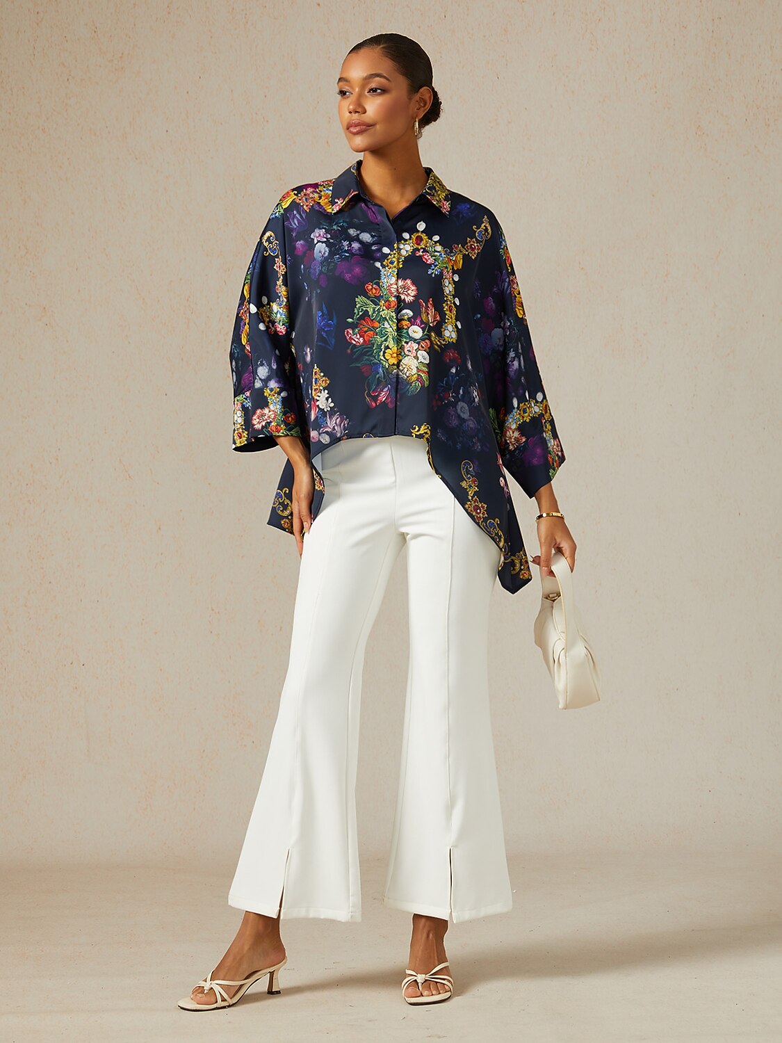 Midnight Jewel Bloom Silky Satin Oversized Shirt