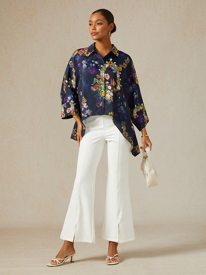 Midnight Jewel Bloom Silky Satin Oversized Shirt
