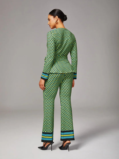 Pantaloni svasati in raso con stampa geometrica verde e alta elasticità