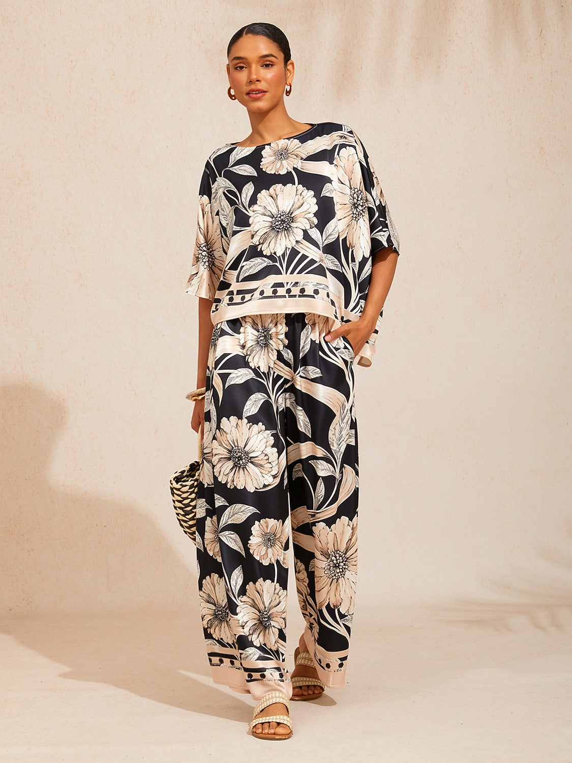 Golden Petal Silky Satin Dolman Sleeve Batwing Top