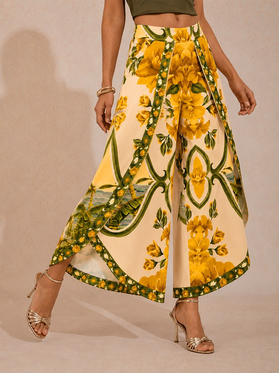 Hawaii Palm Satin Slit Wide Leg Pants