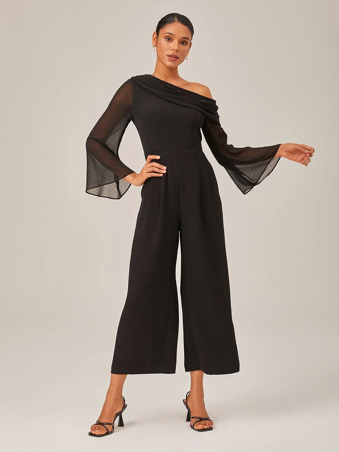 Draped Asymmetric Shoulder Elegant Black Jumpsuit