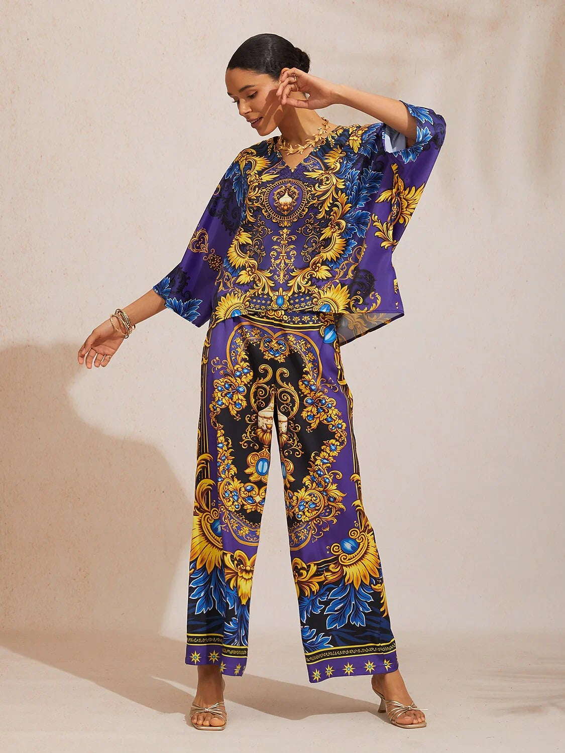 Midnight Blue Baroque Silky Satin Dolman Sleeve Top