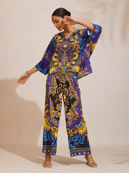 Midnight Blue Baroque Silky Satin Dolman Sleeve Top