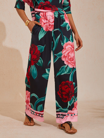 Summer Night Palm Silky Satin Wide Leg Pants