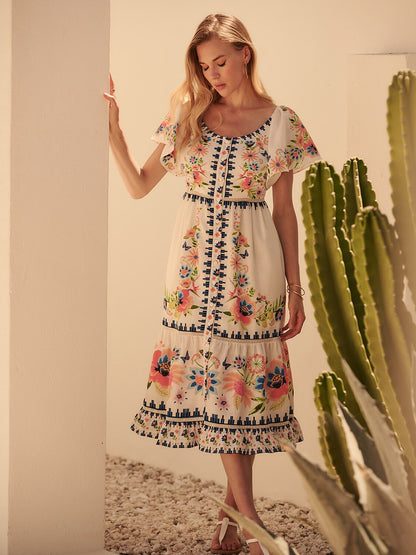 Linen like Floral Geometric Ruched Maxi Dress Vacation