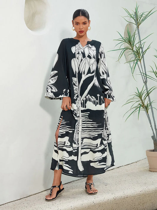 Linen Like Vacation Botanical Print V-Neck Maxi Dress