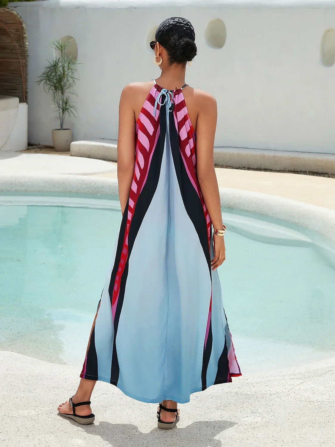 Satin Halter Neck Rainbow Print Maxi Dress