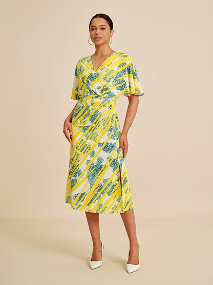 Bold Print Batwing Sleeve Midi Dress