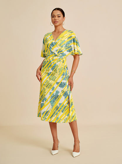 Bold Print Batwing Sleeve Midi Dress