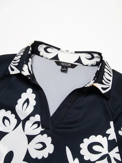 Satin Ethnic Print Raglan Modern Lapel Black Print Top