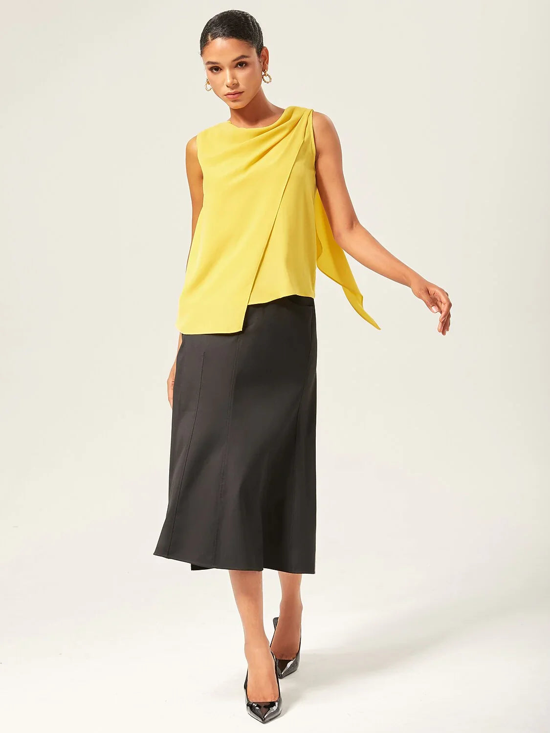 Light Yellow Cowl Neck Sleeveless Blouse