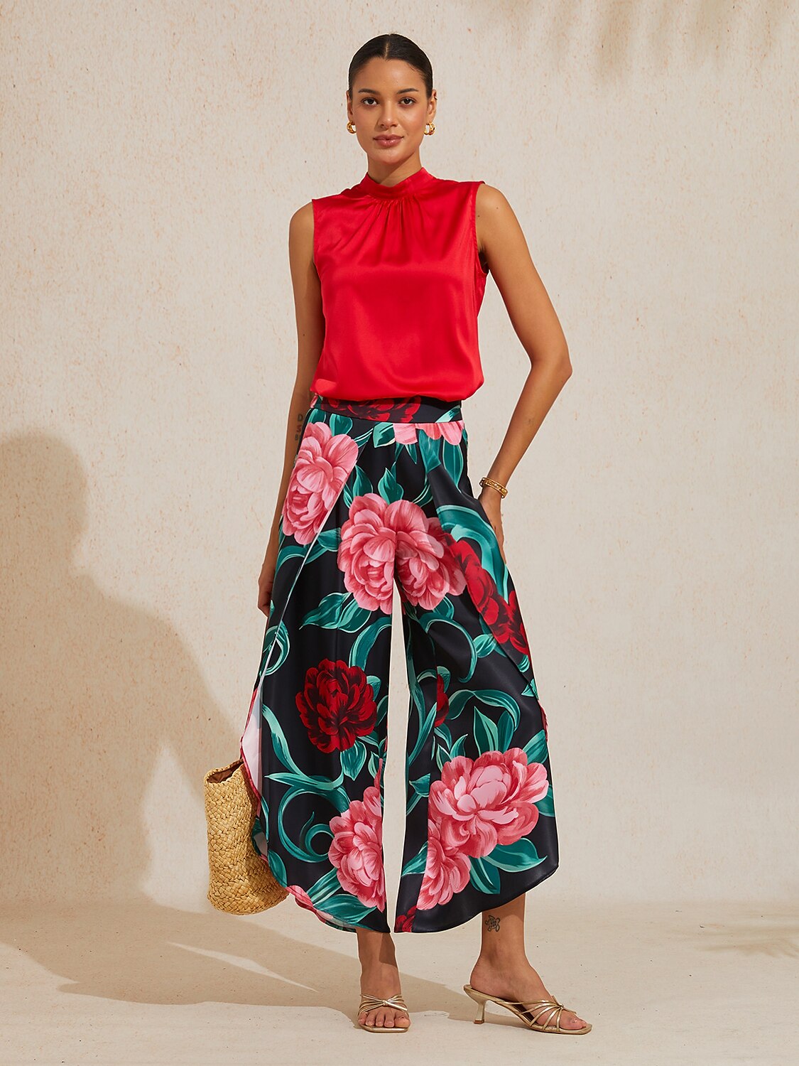 Emerald Rose Garden Silky Satin Sleeveless Top