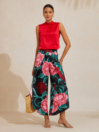 Emerald Rose Garden Silky Satin Slit Wide Leg Pants