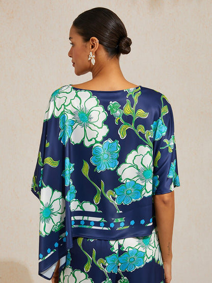 Emerald Tide Bloom Silky Satin Dolman Sleeve Top