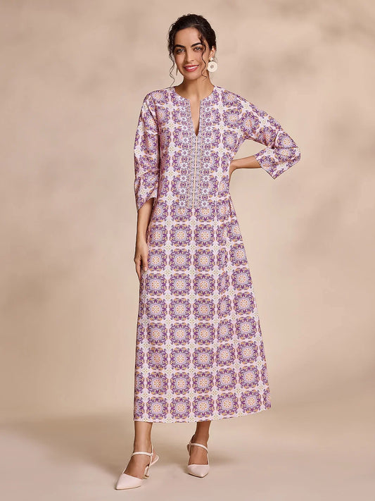 Ethnic Floral Print Notched Collar Vacation Style Maxi Dress