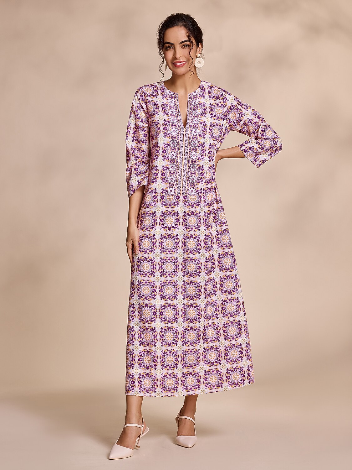 Ethnic Floral Print Notched Collar Vacation Style Maxi Dress