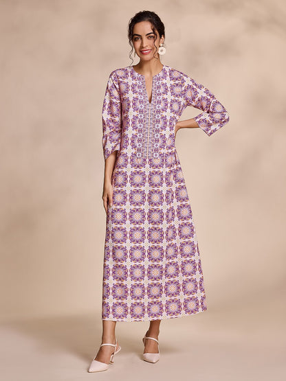 Ethnic Floral Print Notched Collar Vacation Style Maxi Dress