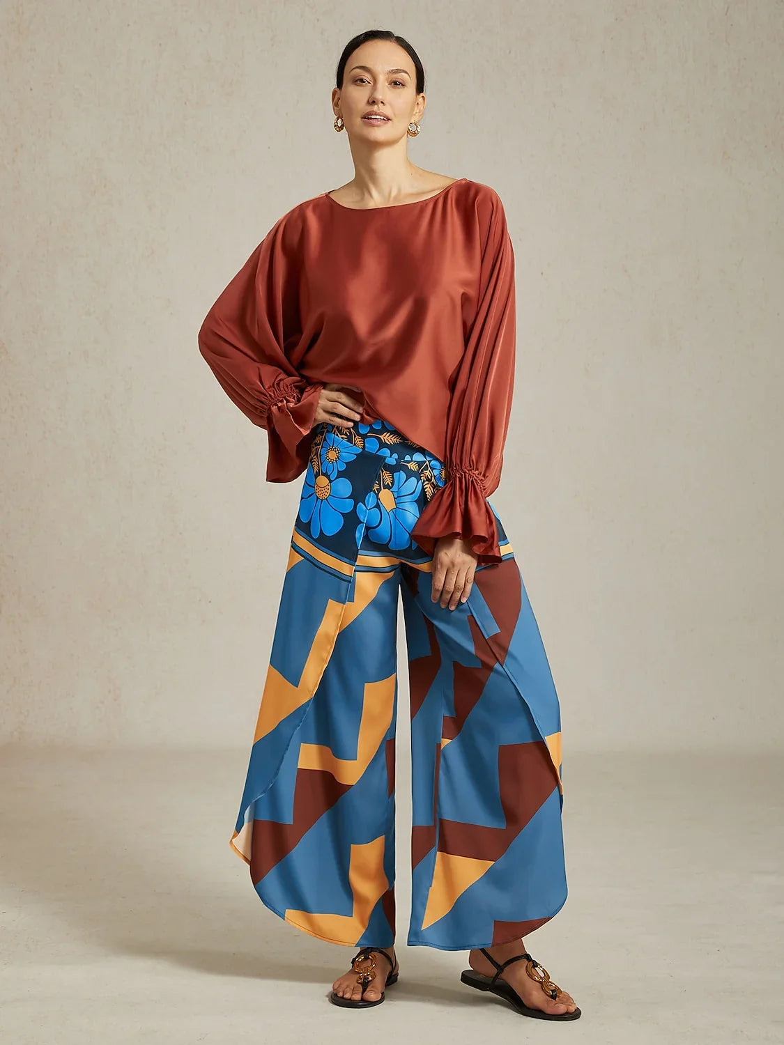 Satin Geometric Print Swing Full Length Micro-Elastic Pants