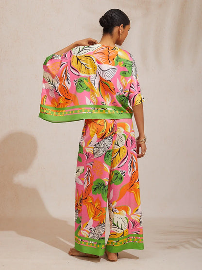 Summer Night Palm Silky Satin Wide Leg Pants