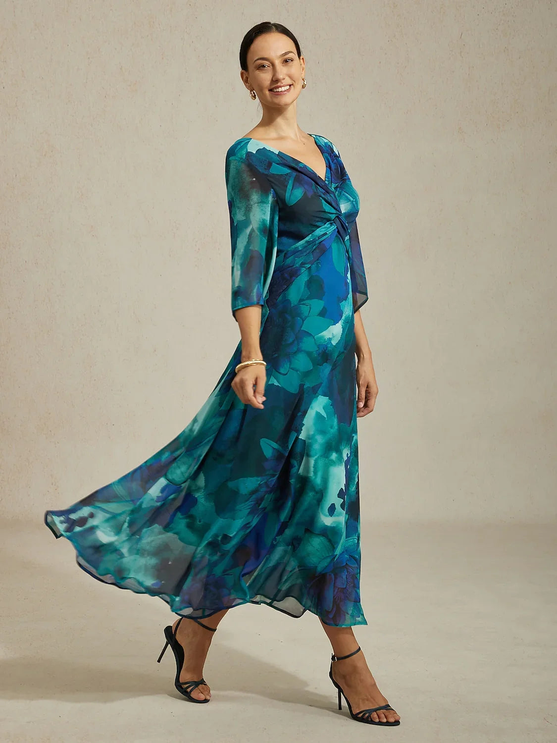 Chiffon Green Abstract Floral Print Twist Knot Maxi Dress