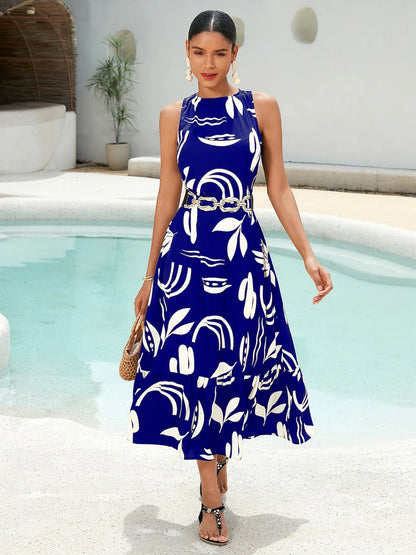 Satin Leaves Print Sleeveless Maxi Dress (No Belt)