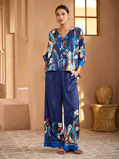 Blue Watercolor Iris  Satin Wide Leg Pants