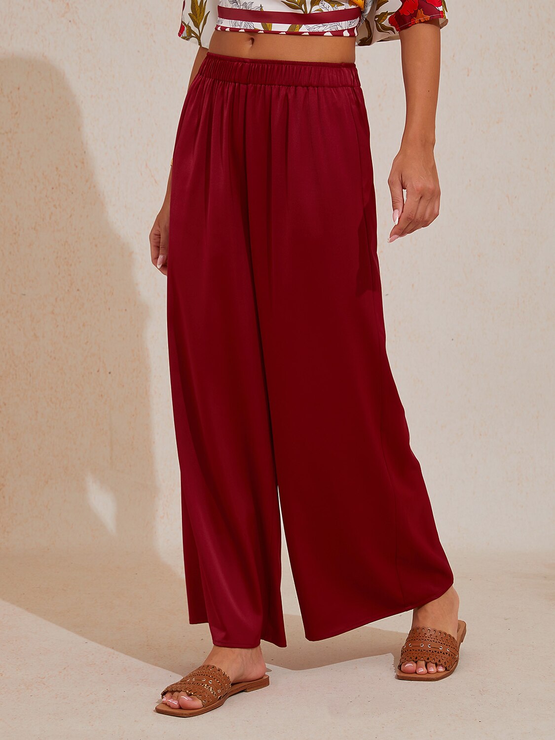 Silky Satin Red Elastic Waist Wide Leg Pants