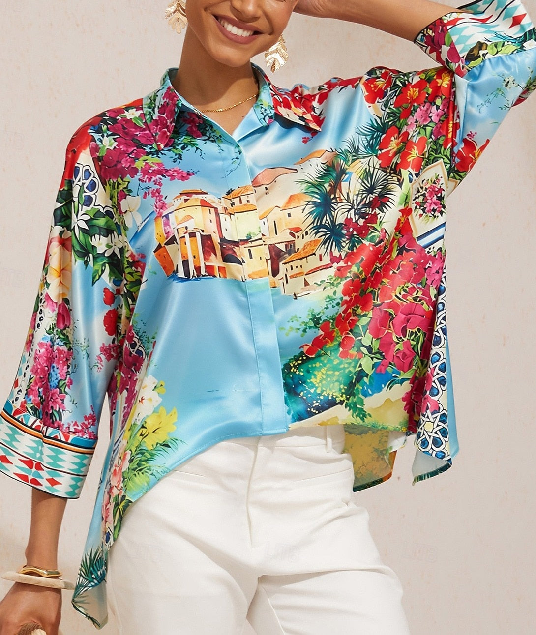 Pastel Floral Garden Satin Dolman Sleeve Button Down Shirt